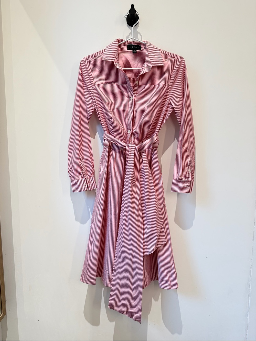 J. Crew Pink Striped Long-Sleeve Shirt Dress with Tie Waist